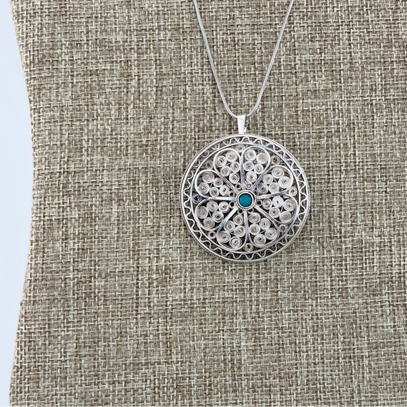 Vintage Israel Brooch Pendant 935 Sterling Silver Turquoise Flower Filigree - Picture 7 of 13